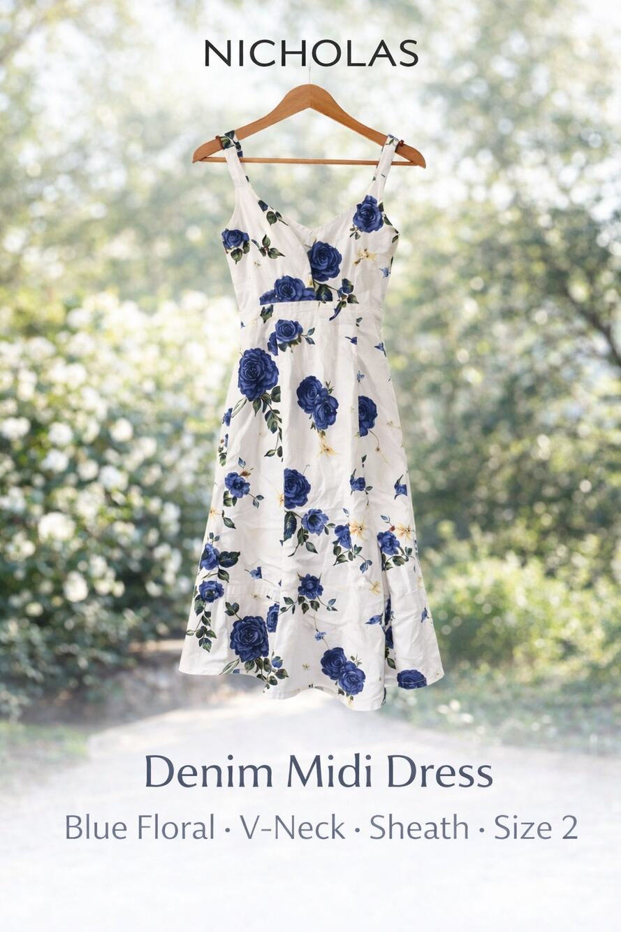 Nicholas Denim Midi Dress Blue Floral V-Neck Sheath Flare Hem Sz 2